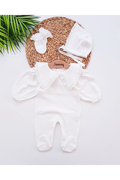 Jammybaby 100% Cotton Scalloped Lace Triangle Collar Jumpsuit for Baby Girl - Lore Hat Gloves Set