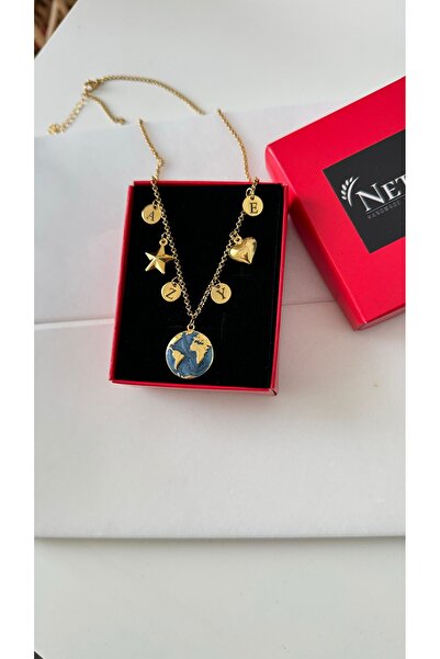 NETA TASARIM Neta Çelik Zincirli Dünya Charm Harfli Kolye
