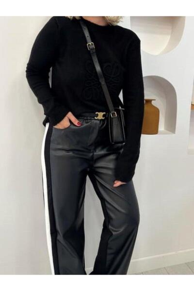 Zekids Pantaloni de damă din piele în față, cu dungi laterale și design din m...