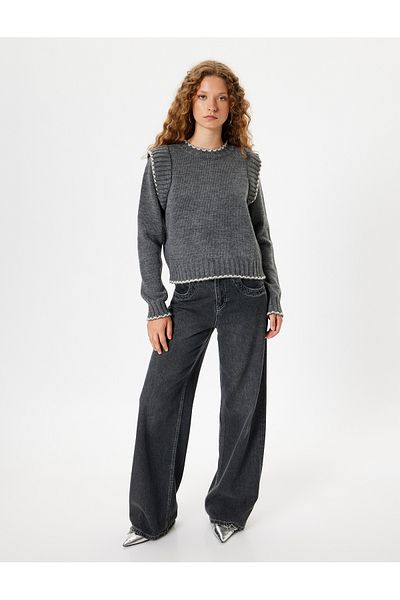 Koton Crew Neck Frill Detailed Knitwear Sweater - Long Sleeve