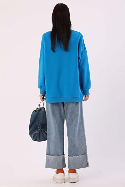 ALLDAY Mavi-Oversize Şardonlu Şerit Detaylı Sweatshirt