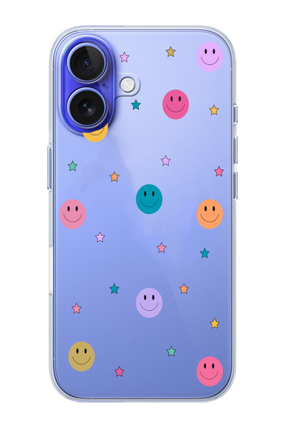 moonset Iphone 16 Uyumlu Gülen Yüz ve Yıldızlar Tasarımlı Baskılı Şeffaf Tele...