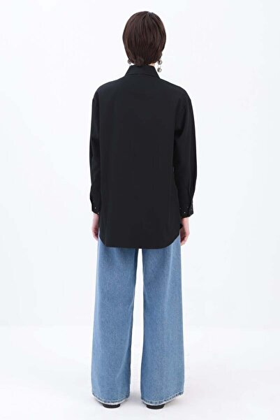 ALLDAY Siyah-MANŞETİ TAŞLI SİVRİ YAKALI GÖMLEK TUNİK