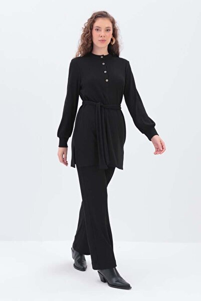 ALLDAY Siyah-Yarım Patlı Kuşaklı Pantolonlu Takım