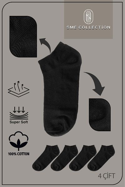 SME COLLECTİON Men's Cotton Black Socks 4-Piece Pack Non-Tight Socks / Non-Tight / 1St. Class Quality