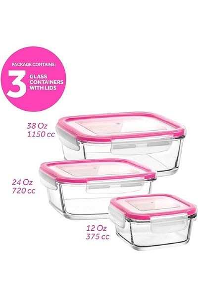 LAV Feyzade Set of 3 Glass Storage Containers with Lock - Fresco Square (1150Cc-720Cc-375Cc)