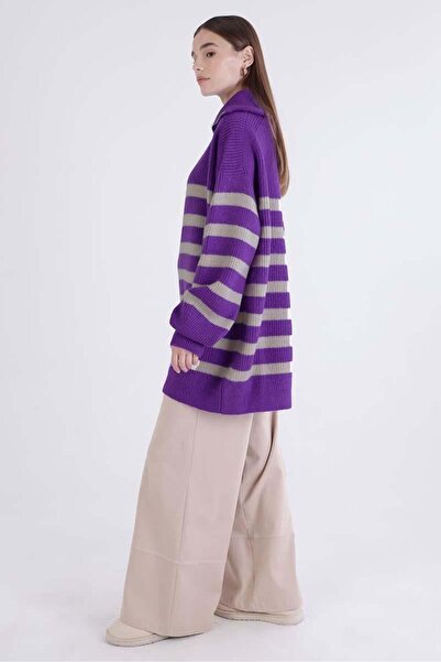 ALLDAY Pulover din tricot cu fermoar cu gât mov-piatră