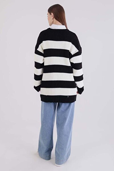 ALLDAY Siyah-Ekru-Yırtık Detaylı Triko Kazak