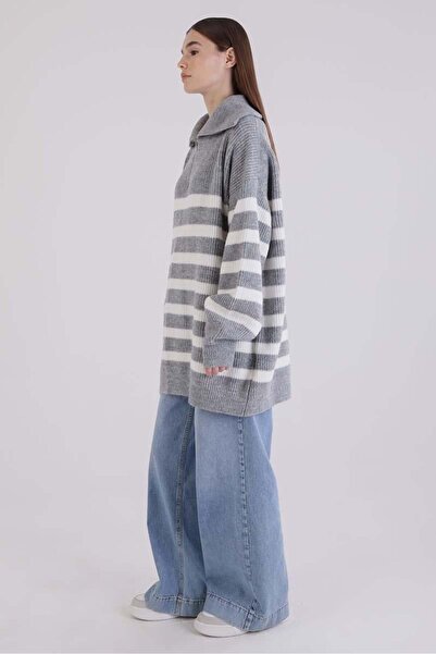 ALLDAY Grey-White Turtleneck Zippered Knitwear Sweater