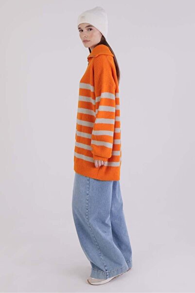 ALLDAY Orange-Stone-Fisherman's Collar Zippered Knitwear Sweater