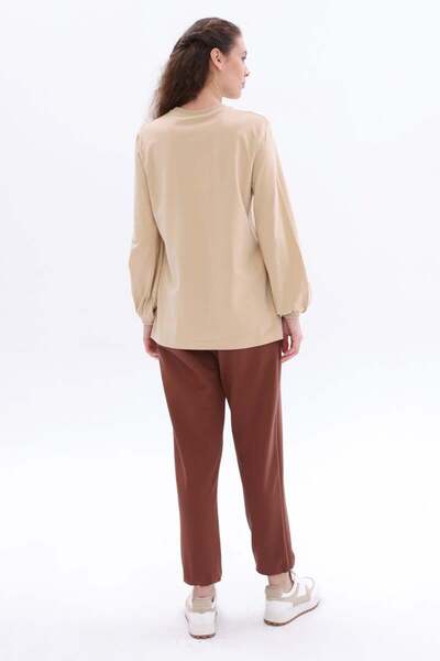 ALLDAY Bej-Bisiklet Yaka Kol Ucu Büzgülü Pamuklu Bluz