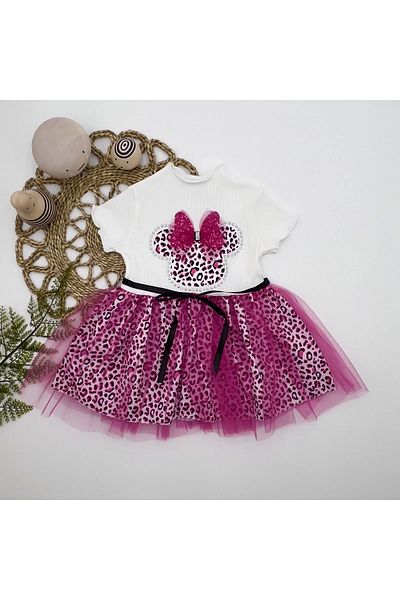 NLB TİCARET Fuchsia-Ecru Baby Girl Tutu Dress - Mickey Pattern and Skirt