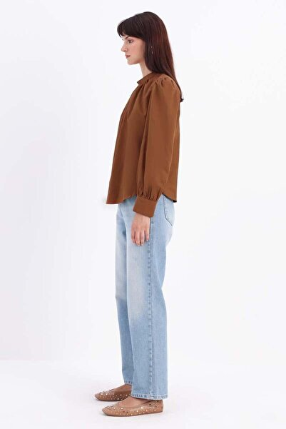 ALLDAY Coffee-Cotton Collar Drawstring Blouse