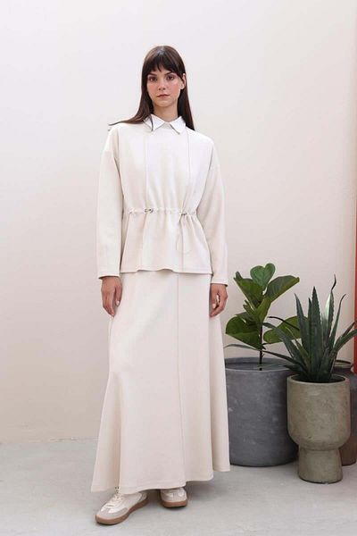 ALLDAY Light Beige-Waisted Gathered Knitted Skirt Set
