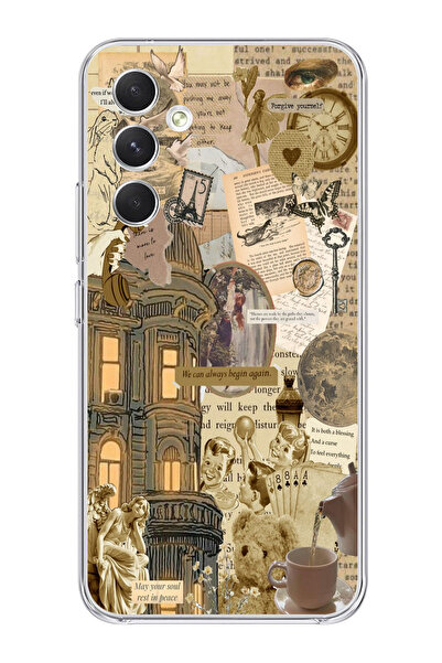 moonset Samsung Galaxy S24 FE Uyumlu Vintage Kolaj Tasarımlı Baskılı Şeffaf T...