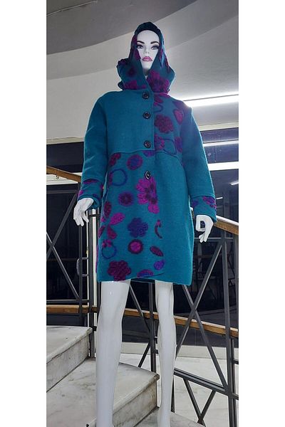 EREN STYLE Ιταλικό παλτό με κουκούλα με ανάγλυφο λουλουδάτο μάλλινο τσόχα