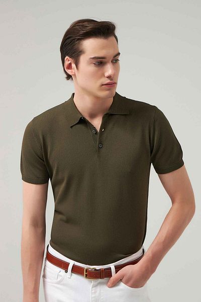 D'S Damat Slim Fit Χακί Απλό Πλεκτό Ραγιόν Πλεκτό T-shirt