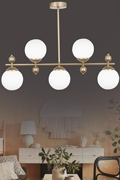 Taşcan Aydınlatma Serra 5 li Eskitme Avize Beyaz Camlı Modern Mutfak Yemek Ma...