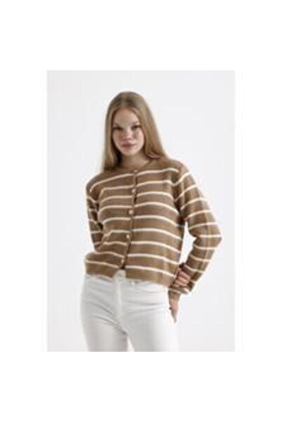 GELAX FESHİON سترة نسائية مخططة باللون البني والبيج من Gelax 1917