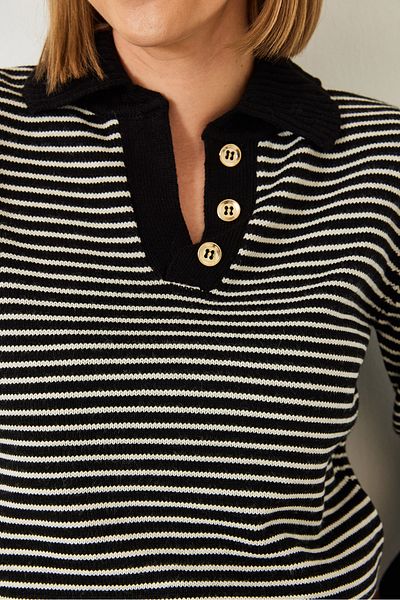 Bianco Lucci Women's Polo Neck Button Detailed Striped Knitwear Sweater 5159 60261051