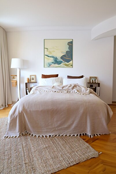 Koza Mix towel Bej Çift Kişilik Saçaklı Yatak Örtüsü/pike 200 X230 Cm