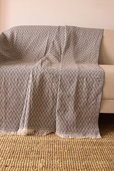 Koza Mix towel Natural Antrasit Saçaklı Koltuk-çekyat Örtüsü | Koltuk Şalı 210x175 Cm