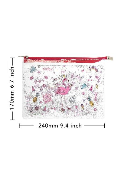 VUKİ Clear A5 File with Flamingo Glitter and Watery Zipper