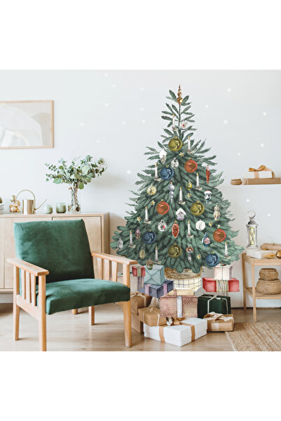 WALLHUMAN Yılbaşı-Retro Yılbaşı Ağacı Çocuk Bebek Odası Sticker Seti , Yılbaş...