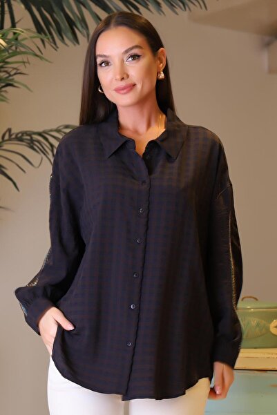 AYHAN Чорна жіноча сорочка з рукавами з вишитим візерунком 50722-2y4