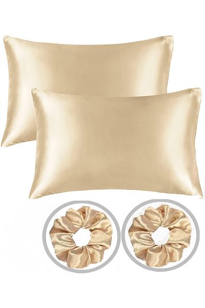AG ATÖLYE Fata de Perna din Satin Matase - 50x70 Cm, 2 Bucuri Bej, 2 Catarame Ingrijire Sanatoasa Cosmetica Par Curly Par Drept