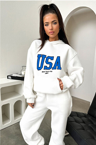 bellanova Σετ φόρμας USA - Φούτερ με λευκή στάμπα, υπερμεγέθη, κουκούλα και J...