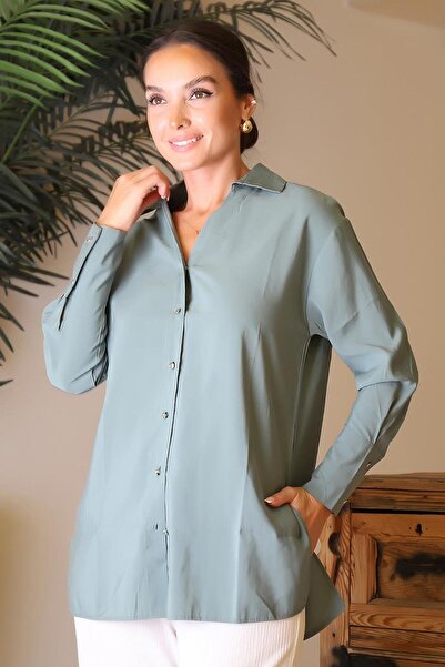 Nazen Giyim UZUN KOLLU KLASİK YEŞİL KADIN GÖMLEK  28075-2Y4