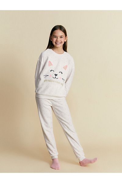 LC Waikiki Lcwk Crew Neck Embroidered Fleece Girls Pajamas Set