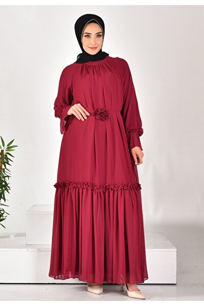 Puane CYLN12521 PUANE ŞİFON KUMAŞ KOL DETAYLI TESETTÜR ELBİSE