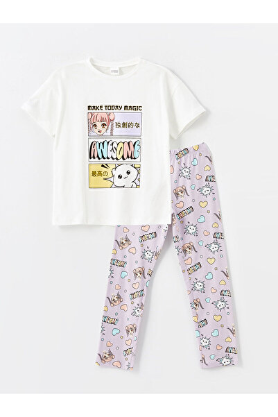 LC Waikiki Crew Neck Printed Short Sleeve Girl's Pajama Set