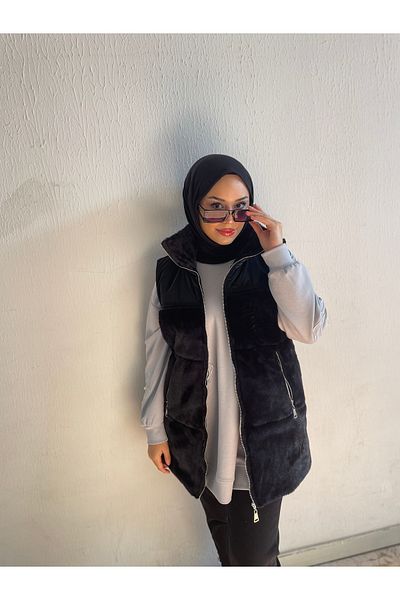 Minel سترة نسائية سوداء قصيرة بغطاء للرأس