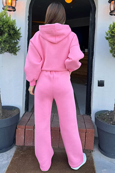 julude Pink Women's Waist Lace-Up Three Thread Ribbed Wide Leg Palazzo Bottom Tracksuit