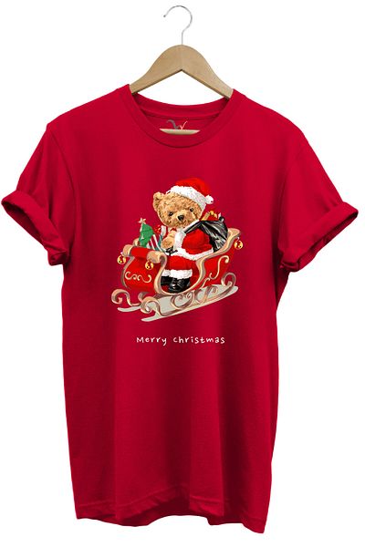 WİDİ Christmas Printed Cute Teddy Bear New Year's Eve Christmas 100% Cotton Regular Fit Crew Neck Red T-Shirt