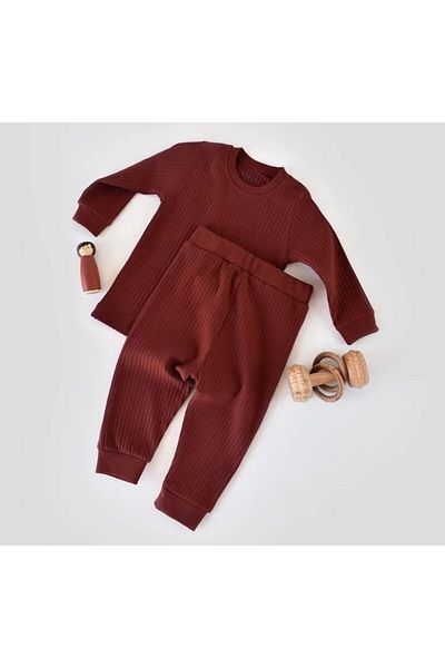 BabyCosy Set bluzita cu maneca lunga si pantaloni lungi din bumbac organic si 5% elastan - Caramiziu