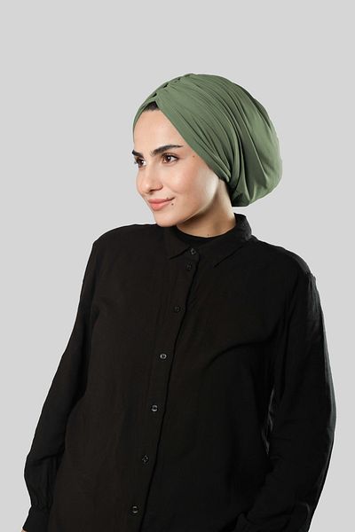 HÜRREM BONE Oil Green Draped Casual Hijab Bonnet Sandy Gathered 2315_36