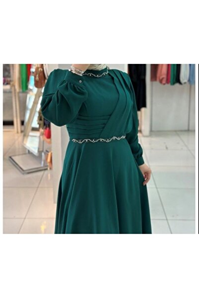 ELİF ERGÜN TEKSTİL 2102 Yakası Ve Beli Taş Detaylı Sıfır Yaka Abiye Elbise Qk...