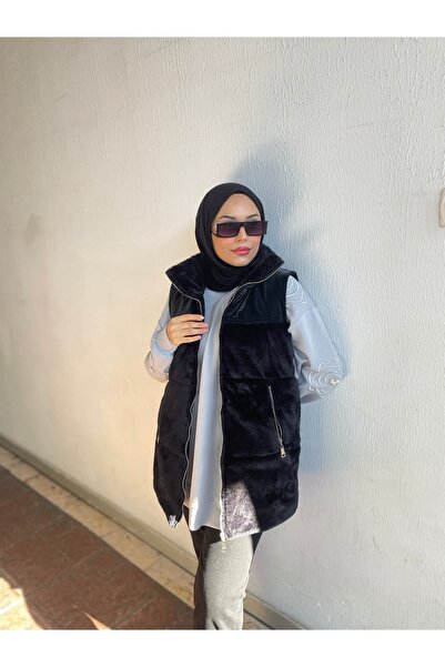 Minel Жіночий чорний короткий хутряний жилет з капюшоном