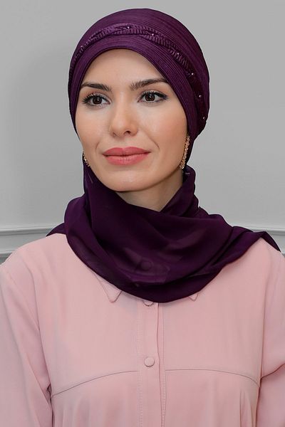 HÜRREM BONE Plum Practical Ready-Made Hijab Bonnet Fukuro Πλισέ πλεκτό σιφόν κασκόλ 1825a_07