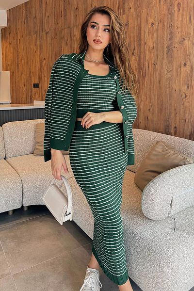 GÜLSELİ Emerald Green Women's Striped Crop Blouse Sweater Skirt Knitwear Triple Set