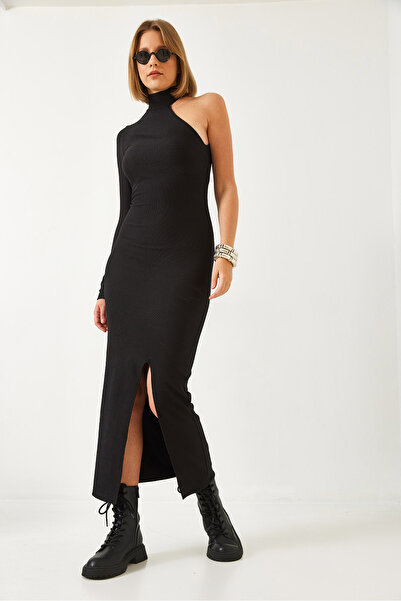 Bianco Lucci Rochie de damă cu gât țesut cu o singură mânecă, țesătură otomană, cu fantă 371 60261058