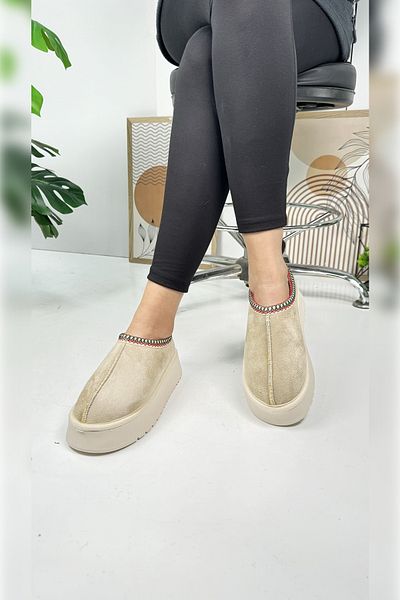 İmerShoes Bocanci de damă din piele intoarsa cu model bej cu talpa inalta groasa - U50 usor
