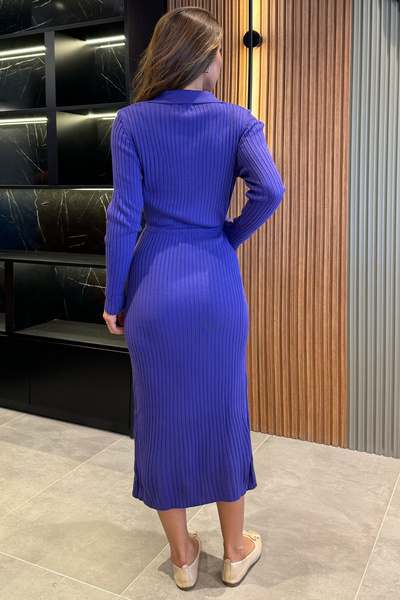 GÜLSELİ Saks Blue Women's Polo Collar Waist Tied Long Knitwear Dress