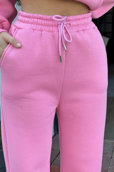 julude Pink Women's Waist Lace-Up Three Thread Ribbed Wide Leg Palazzo Bottom Tracksuit