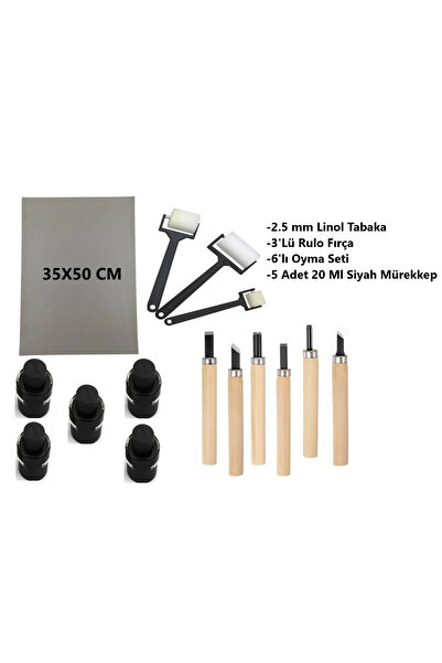 TİFOYS 2.5 mm 35X50 cm Linoleum Sheet - Black Ink, 3-Piece Sponge Roller Plat...