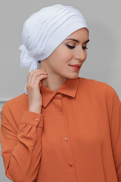 HÜRREM BONE White Practical Ready-made Interlaced Hijab Bonnet Sandy Fabric Pearled Pleated Ribbed Rose 1805_42